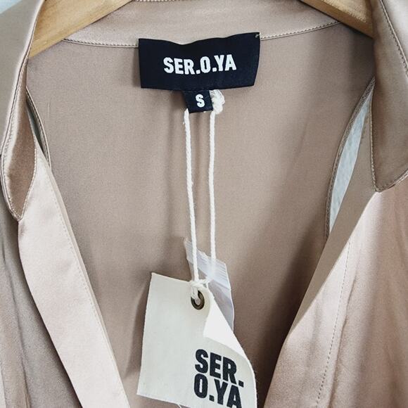 SER.O.YA Retrofete Shea Silk Off-Shoulder Wrap Mini Dress Natural S NWT - Picture 12 of 13